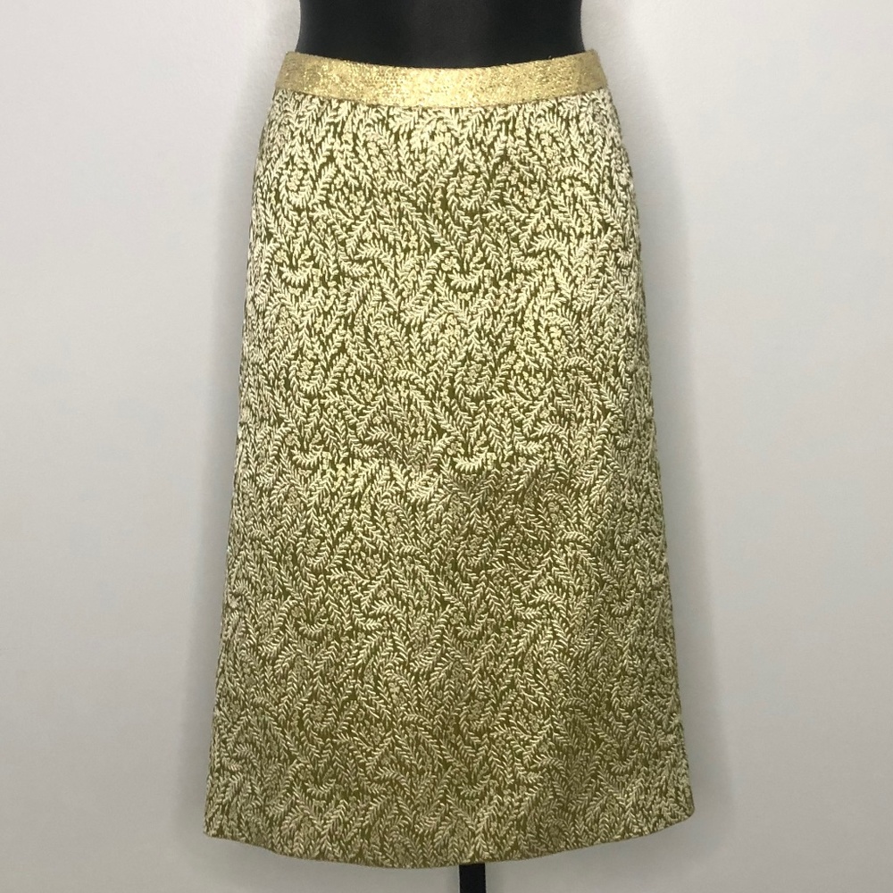 Vera Wang Green Gold Abstract Print Silk lined Skirt Sz12